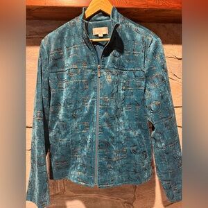 Erin London Teal Patterned Zip-Front Jacket